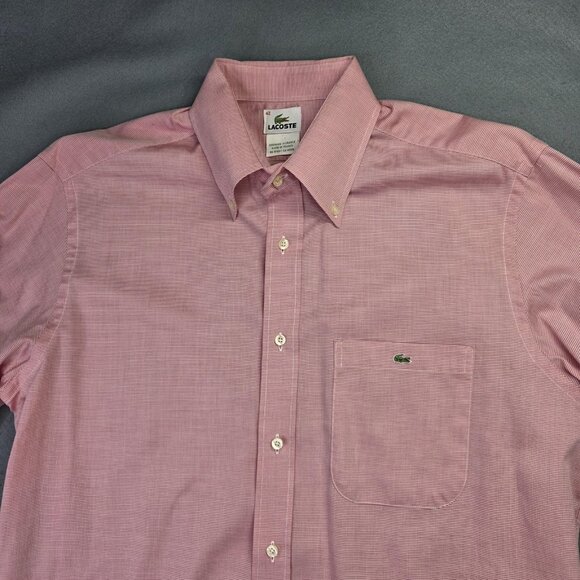 Lacoste Shirt Men 42 Large Red Micro Check Button Down Long Sleeve France Preppy - Picture 4 of 13